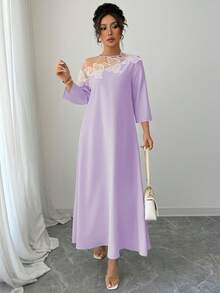 Rafferiza 女士3D立体花卉网纱袖长连衣裙 - 紫色 - 查看 1