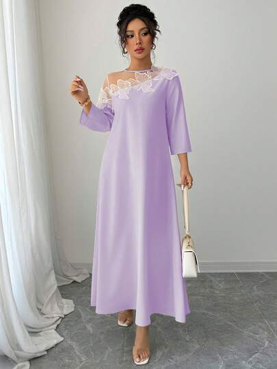 Rafferiza Långklänning med 3D-blommig meshärm för kvinnor