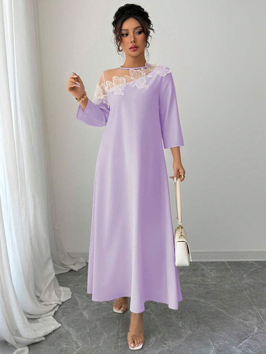 Rafferiza 女士3D立体花卉网纱袖长连衣裙 - 紫色 - 查看 1
