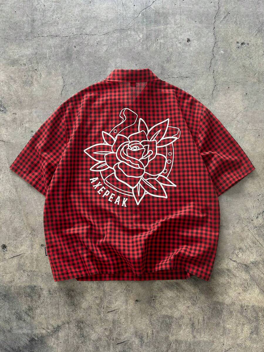 EASEVO Camisa casual de manga corta con estampado floral a cuadros de talla grande para hombres - Multicolor - Ver 1