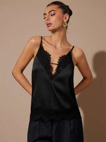 SHEIN BAE Áo hai dây satin cổ chữ V phối đen trắng, thích hợp cho tiệc tùng, tiệc cocktail, sinh nhật, phù dâu, khách dự đám cưới, tiệc brunch, áo không tay thanh lịch. - màu đen - Xem 1