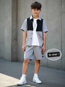 SHEIN 2pcs Tween Boys' Casual Color-Blocked Shirt And Loose Shorts Set, Suitable For Commuting, School, Daily Casual, Vacation, Sports, Spring/Summer/Autumn/Winter 15 Year Old Boy Clothes Shorts Boys Short Suit Tween Boy Clothes Short Set - Grey - View 7
