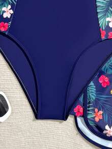 SHEIN 少女连体泳衣，黑色碎花连体泳裤，时尚休闲优雅淑女风设计，适合游泳、度假、夏季海滩、泳池等场合。 - 藏蓝色 - 查看 5