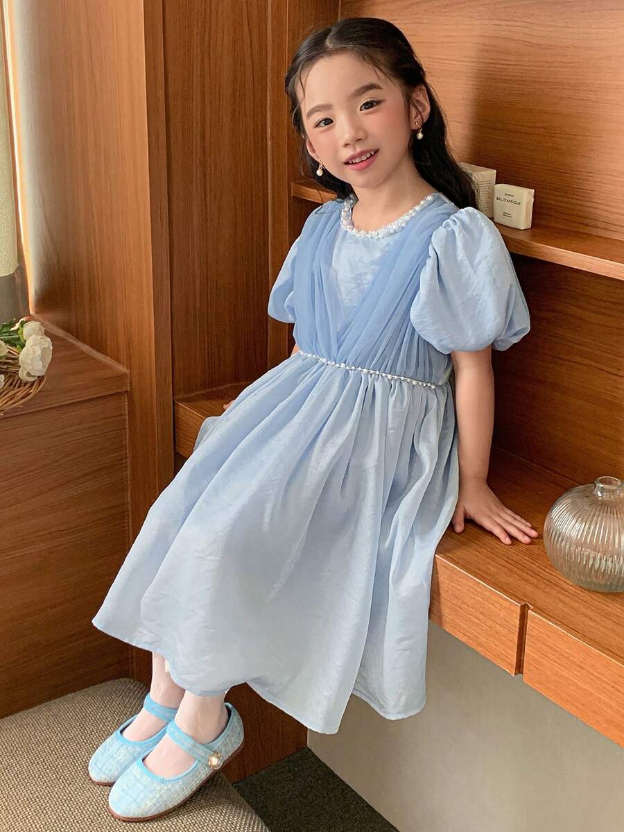 DAZY Young Girl' Round Neck Birthday Party Puff Sleeve Korean Style Formal Dress - Blue - View 1