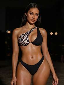 Swim Vcay Summer Beach Leopard Ribbed Bikini Set Cut-Out Underwire One Shoulder Bra & High Cut Bottom 2 Piece Bathing Suit - Multicolor - View 3