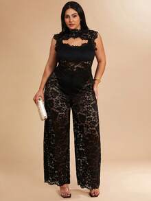 SHEIN BAE 大码女士纯黑色性感透视蕾丝露背连体裤，优雅日常、约会、派对外出装扮，不对称阔腿连体裤，情人节连体裤，日常连体裤，优雅连体裤，秋季蕾丝连体裤 - 黑色 - 查看 4