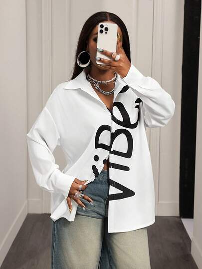 Mistrie Spring/Summer New Vintage Street Casual Versatile Letter Design Lapel Loose Long Sleeve Shirt For Women, Suitable For Commuting, Home Office