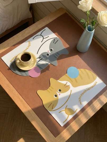 Joivida 可爱猫咪造型PU皮革餐垫（42x28厘米） - 黑/白/灰猫咪剪影图案，印有“喵呜”字样，防污厨房台面/餐桌垫，送给爱猫人士的贴心礼物，时尚家居用餐配件，适合休闲用餐。