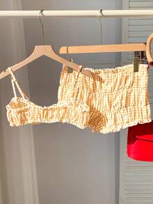 Comfortcana Bộ đồ nữ mùa hè, kiểu dáng thường ngày, họa tiết kẻ caro: áo hai dây và quần short. - Màu vàng - Xem 2