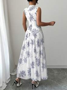 Modelyn 女士优雅印花褶皱腰部无袖休闲连衣裙 - 淺灰紫 - 查看 2