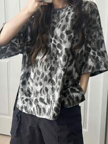 FRIFUL Women's Oversized Round Neck Short Sleeve Loose Leopard Floral Print T-Shirt - White - View 7