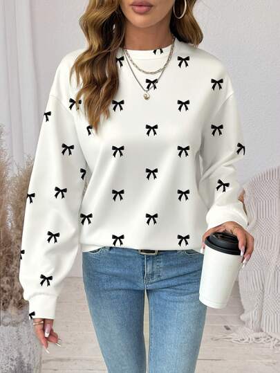 SHEIN LUNE 大码女式蝴蝶结印花宽松圆领长袖休闲卫衣