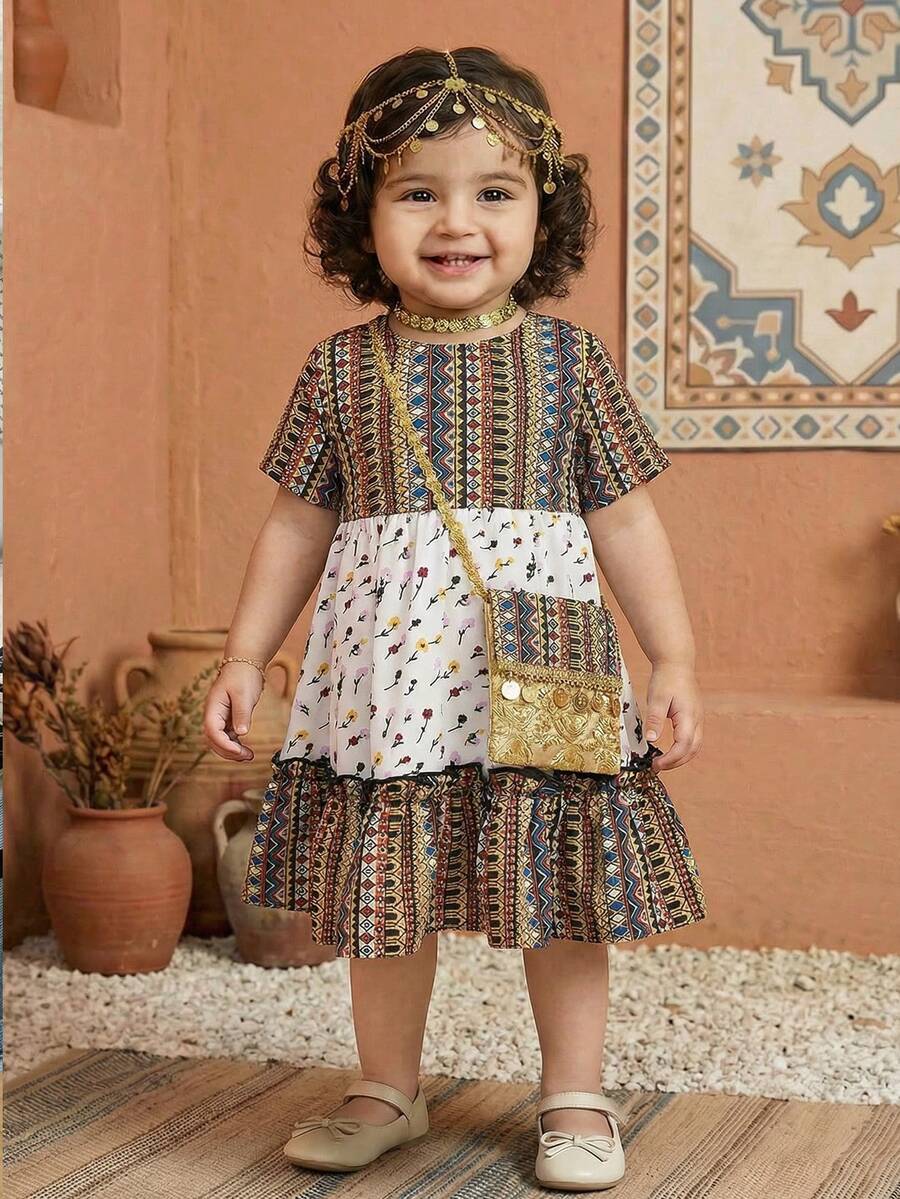 SHEIN Baby Girl Woven Ditsy Floral Casual Dress - Multicolor - View 1