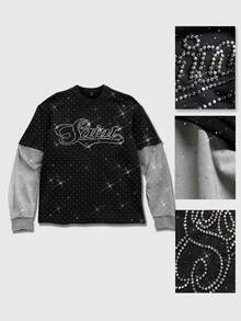 ROMWE MEN 2026春夏男士休闲水钻装饰圆领T恤，男女通用时尚长袖二合一上衣 - 黑色 - 查看 5