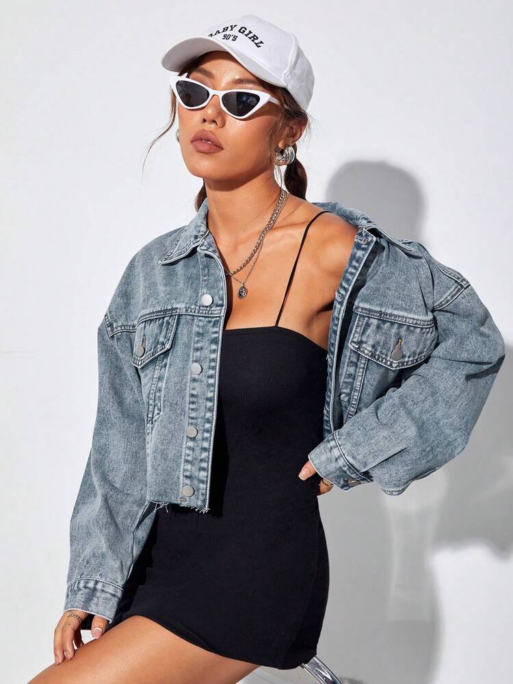 Rivivi 女士落肩长袖单排扣休闲毛边牛仔夹克 - 藍色 - 查看 4