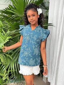 Áo kiểu nữ tuổi teen chất liệu jacquard, viền bèo nhún, thích hợp cho mùa xuân/hè. - Màu xanh lam - Xem 6