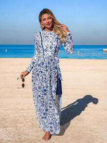 Swim Mulvari Women's 4-Piece Set: Blue Floral Print One-Piece Dress With Sheer Skirt, Long Sleeve Bodysuit, And Fitted Pants, Modest Yet Fashionable Vacation Swimsuit, Spring/Summer - Blue - View 5