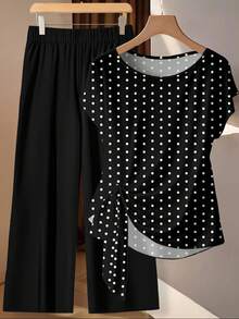 EMERY ROSE 女士波点撞色系带蝴蝶结衬衫和直筒宽松裤两件套，休闲款 - 彩色 - 查看 3