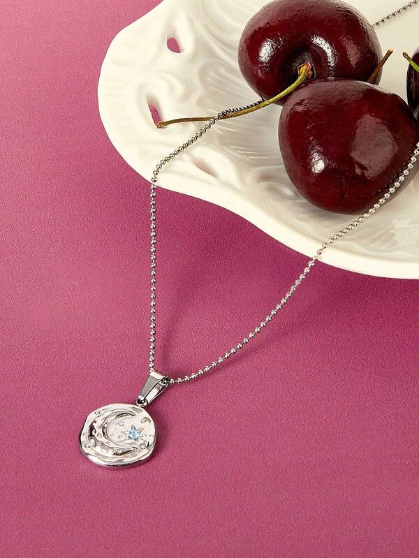 Glisma 18K Gold-Plated 1pc Pearl/Mother Of Pearl, Textured, Metallic/Metallic Feel, Rhinestone Embellished Blue Star Moon Geometric Necklace, Suitable For Party, Casual, Work, Cute, Luxury, Wedding, Holiday, Vacation, Camping, Y2K, For Mom, Women, Girl, Fall, Autumn, Winter, Festival, Holiday, Vacation, Old Money, Halloween,Old Money,Outfits,Classy,Metallic/Texture,Vintage,Elegant,For Mom/Women/Girl/Mother,Gemstone