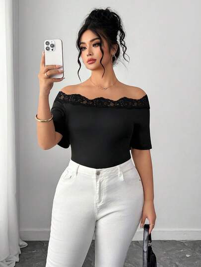 Elenzga Büyük Beden Kadınlar İçin Şık Omuz Dekolteli Dantel Yama Detaylı Belden Büzgülü Kısa Kollu Bluz, İş İçin Uygun, İlkbahar/Yaz