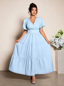 Elenzga Plus Size Women's Elegant Waist Cinched A-Line Long Sleeve Midi Dress, Suitable For Commuting, Spring/Summer - Blue - View 4