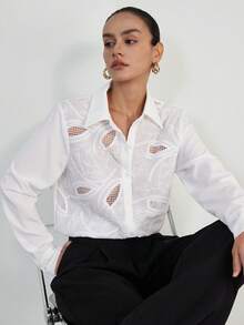 Aveloria Modichic 浪漫法式镂空刺绣宽松领泡泡袖白色复古花卉蕾丝镂空女式衬衫，适合约会、通勤、下午茶等场合。 - 白色 - 查看 7