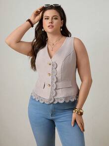 Zelara Plus Size Solid Color Lace Patchwork V-Neck Front Button Sleeveless Vest - Apricot - View 6