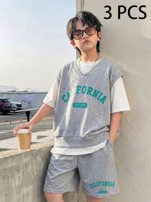 SHEIN Little Byeori 3件套儿童/青少年男童休闲日常舒适字母印花圆领背心、纯色圆领短袖T恤、纯色针织短裤三件套 - 彩色 - 查看 3