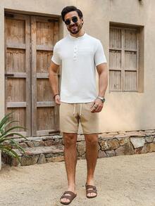 VENTUSAIL 男士纯色简约短袖衬衫短裤套装，适合日常穿着 - 彩色 - 查看 3