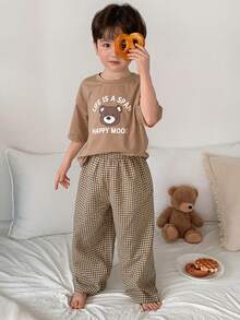 DAZY 男童可爱小熊印花短袖T恤和格子裤睡衣套装，夏季 - 卡其色 - 查看 6