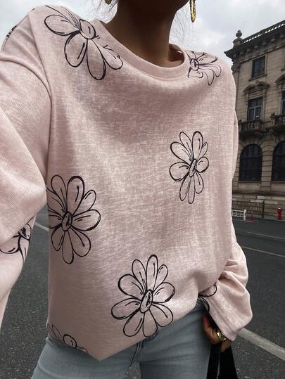 Vivie Lora Camiseta de mujer de corte holgado con cuello redondo y estampado floral