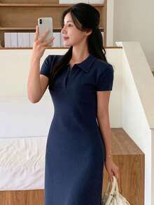 DAZY Women's Collared Fitted Waist Half-Zip Mid-Length Dress, Navy Blue - Navy Blue - View 3