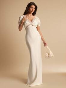 SHEIN BAE Vestido elegante de satén y encaje con escote en V, mangas cortas y espalda descubierta, en color albaricoque, adecuado para invitados de boda, brunch, ocasiones sociales, verano, citas, fiestas de cumpleaños - Albaricoque - Ver 1