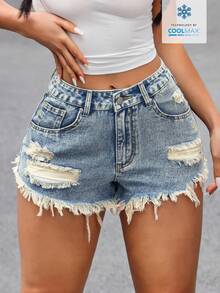 SHEIN PETITE 女士高腰带口袋破洞毛边休闲百搭牛仔短裤 - 藍色 - 查看 3