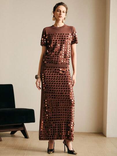 Arave Bộ váy maxi ngắn tay dáng ôm dành cho nữ, thiết kế thêu đính cườm, khoét vai, thích hợp cho mùa xuân/hè.