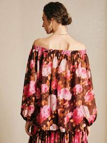 Arave 女士雪纺H型露肩浪漫印花优雅上衣 - 紅色 - 查看 3