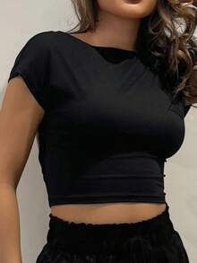 RebeccaVibe Black Open Back T-Shirt Top Suitable For Petite, Summer - Black - View 5