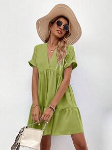 SHEIN LUNE Einfarbiges Kleid mit V-Ausschnitt, Rüschensaum, lässig und vielseitig, Kurzarm - Olivgrün - Übersicht 5