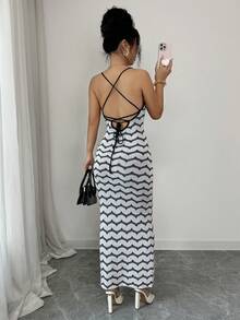 SHEIN Elenzya Wavy Striped Halter Neck Ruffle Trim Spaghetti Strap V-Neck Backless Bow Tie Women Sweater Dress - Multicolor - View 2