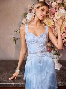 MOTF Soiréza VESTIDO DE NOCHE FORMAL CON BORDADO DE PATRÓN FLORAL Y DOBLADILLO CON FLECOS MULTICAPA - Azul - Ver 7