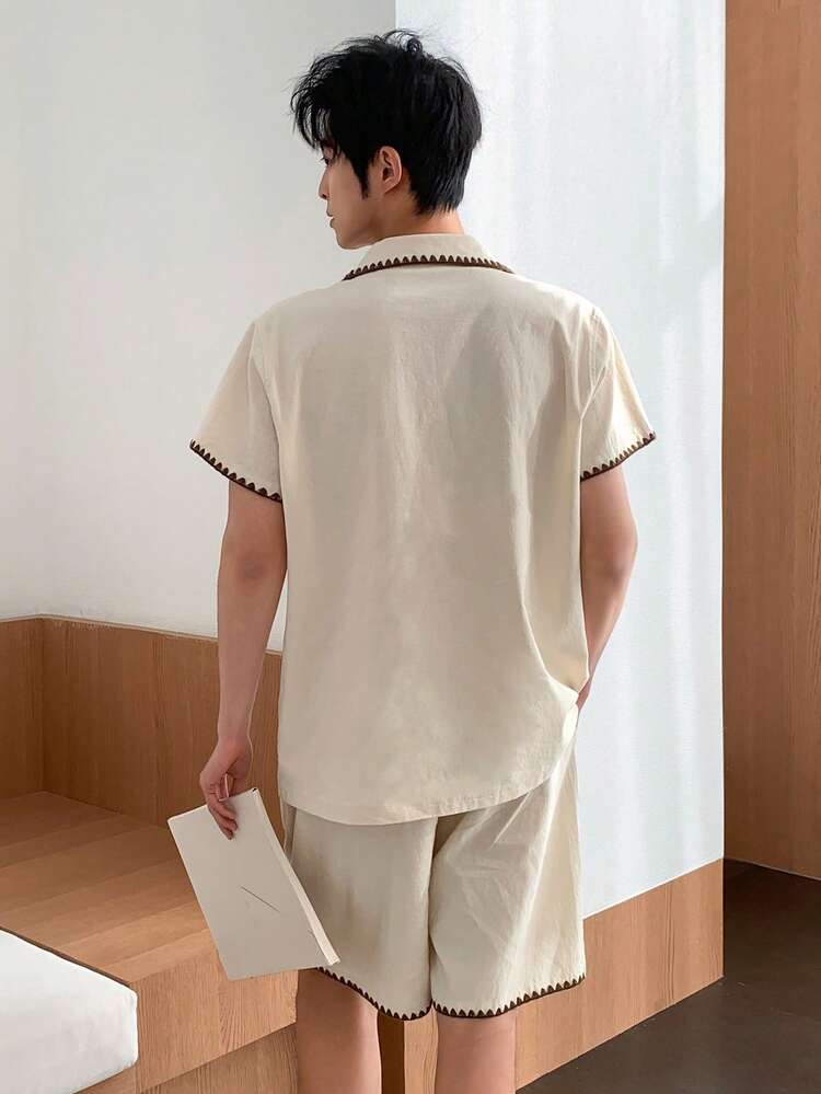 Men's Summer Palm Tree & Letter Print Short Sleeve Shirt And Shorts Pajama Set