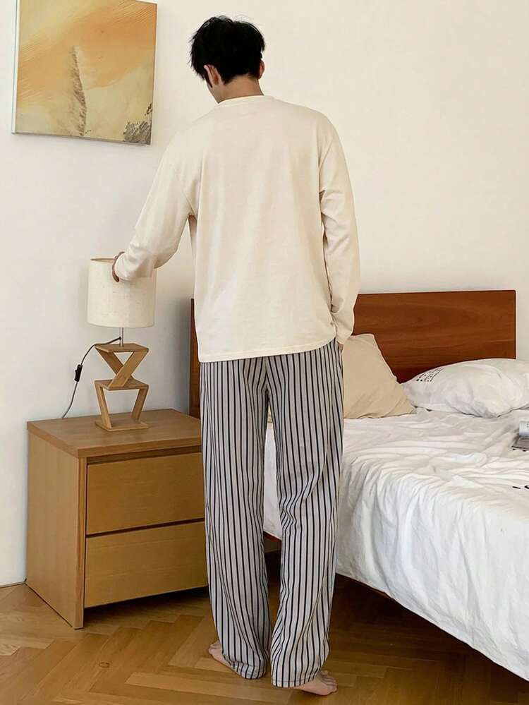 2pcs Men's Spring Multi-Color Long Sleeve T-Shirt And Pants Pajama Set