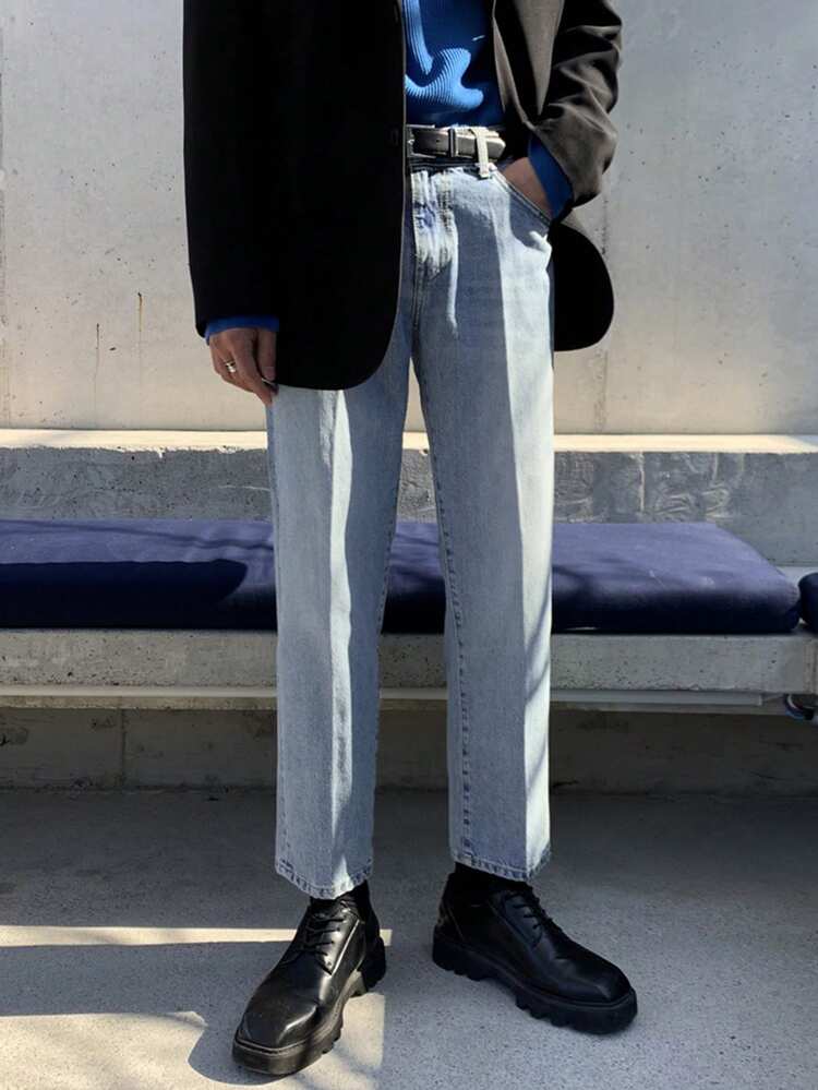 Men's Distressed Washed Blue Slim Fit Lightweight Denim Jeans, Spring/Summer