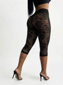 SHEIN SXY 大码时尚性感透视黑色蕾丝打底裤，适合约会、聚会、派对、夜店、情人节、宴会、盛宴、晚宴、舞会、舞会、都市风、百搭、性感办公室女郎、邮轮装、复古风、节日、音乐会、嘉年华、郊游、层次丰富的节日、约会之夜、聚会、生日、单身派对、鸡尾酒会、正式场合、情人节 - 黑色 - 查看 2