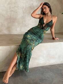 Aloruh Đầm dài xẻ tà xếp tầng, họa tiết bướm và lưới, phối ren, dành cho nữ, thích hợp cho kỳ nghỉ xuân/hè. - Nhiều màu - Xem 3