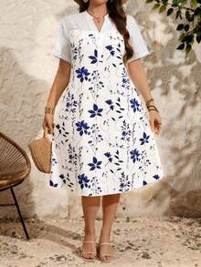 EMERY ROSE Plus Size Women Eyelet Embroidery Patchwork Floral Print Summer,Boho,Vacation,Holiday Sundress,Easter White And Blue And White Flowers Holiday Dress - Blue - View 4