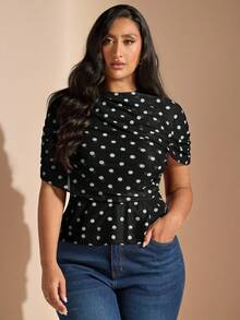 SHEIN BAE 大码女式复古休闲度假风波点印花蝙蝠袖修身T恤 - 黑色 - 查看 2