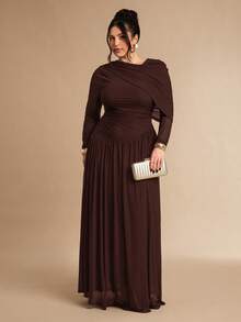 SHEIN BAE Đầm dài tay dệt kim lưới bất đối xứng màu nâu cà phê dành cho nữ cỡ lớn - Cà phê nâu - Xem 3