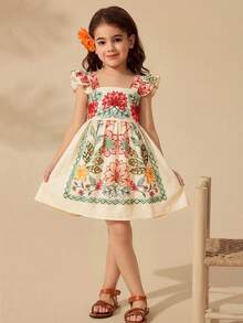 Travachic KIDS Young Girl Cute Floral Print Cap Sleeve Summer Vacation Dress - Apricot - View 3