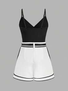 Franclia Women's Elegant Fitted Black Jumpsuit With Belt Contrast And White Shorts 2 Pieces Set - Black and White - View 2